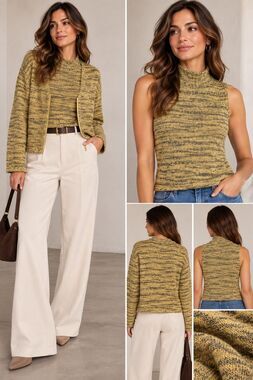 FLAX 2pc Sweater Set Mock Neck Sleeveless and zip up cardigan S/M